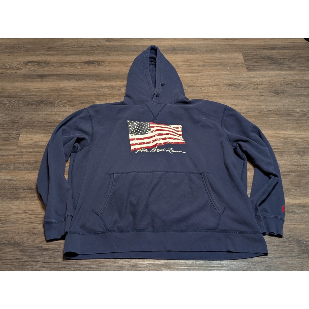 Polo Ralph Lauren American Flag Hoodie Mens 2XB Big Navy Blue Pullover Pony READ